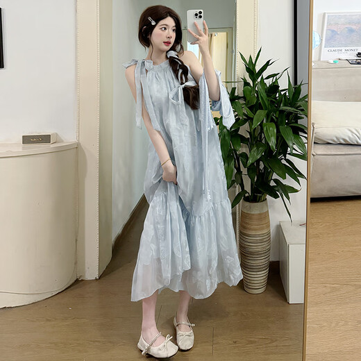 YIOU2025新款大码女装春夏装挂脖度假海边连衣裙+蓝色开衫两件套6182 蓝色挂脖裙 L