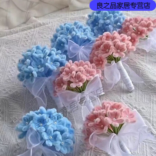 默然诺尔成品手工扭扭棒粉色仿真花束迷你新娘手捧花送闺蜜女友领证拍照 大束52朵蓝色樱花手捧花