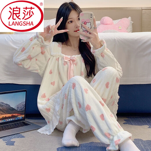 浪莎（LangSha）珊瑚绒睡衣冬季女款甜美长袖法兰绒日系加厚加绒春秋天家居服套装 9922 M 【80-100斤】