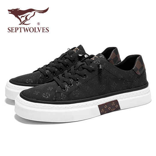 Sieben Wolf -Männerschuhe Sommer 2025 Neue Brettschuhe Herren -Leinwandschuhe Dicke Sohle atmungsaktive Männer lässige Schuhe Vielseitige Männerschuhe flache Schuhe schwarz [atmungsaktives Stil] 42 (260 mm) [Standard Lederschuhgröße]