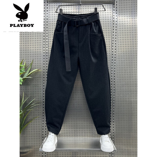 花花公子（PLAYBOY）2025新款网红条纹休闲裤男夏季西裤潮流百搭哈伦裤宽松锥形萝卜裤 黑色 28
