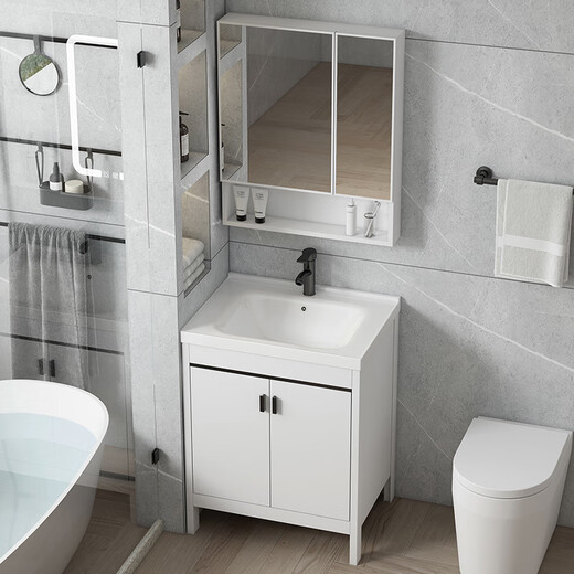 Dafify kleine Wohnungswaschbeckenschrank kombinierte bodengesteuertes Badezimmerschrank Keramik integriertes Becken Badezimmer Waschbecken Waschbecken Pool weiße Tür plus Quadratspiegel 4837 cm