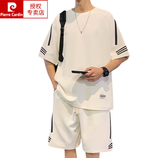 Pier Cardin Hong Kong style short-sleeved T-shirt for men 2025 summer new casual sports suit loose half-sleeved men's T-top men's clothing FKS653 white suit M about 90-110Jin [Jin equals 0.5 kg] can be worn