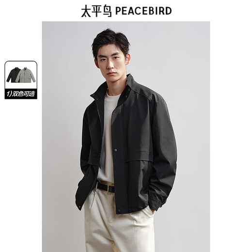 PEACEBIRD Men's Jacket Workwear Outdoor Stand Collar Splicing Loose Jacket Men's Jacket Black Second Batch L