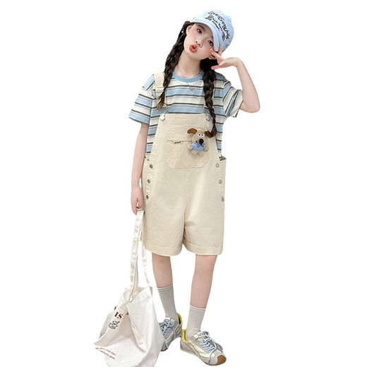 欧颖慕女童夏季背带裤套装新款女大童短袖休闲夏装两件套潮女孩衣服时尚 粉色套装 130 码（建议身高120-130cm）
