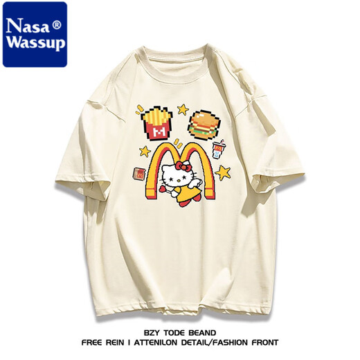 NasaWassup schwere Baumwolle amerikanische Modemarke Cartoon Hellokitty Kurzärmer T-Shirt Männer und Frauen Sommer lässige Mode Tops Ins 1416 Pommes Kelly Cat White S