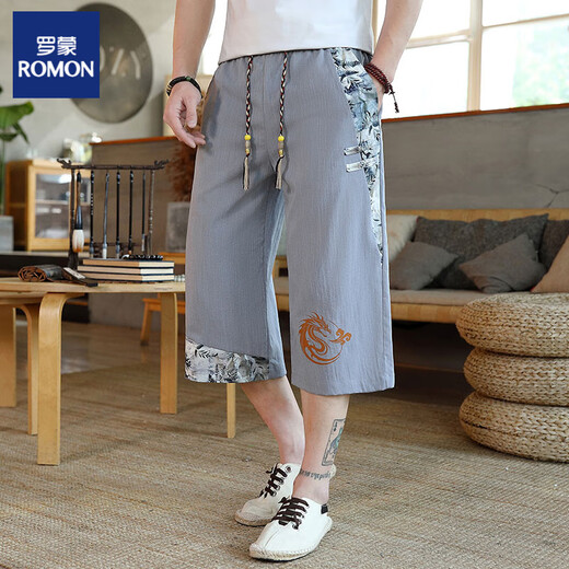 
ROMON Chinese style cropped pants men's summer new Chinese shorts teenager personality ice silk cool national trend casual harem pants TM-T20 white XL