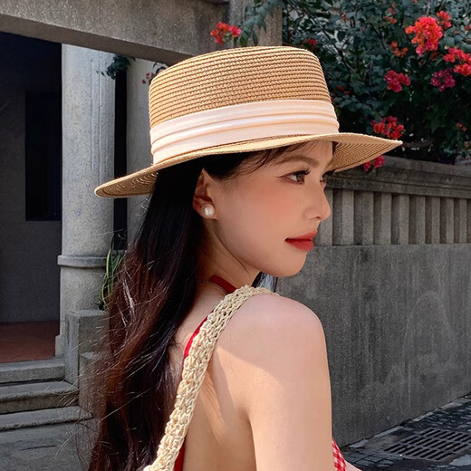 逸兼草帽女遮阳帽夏天度假风帽子海边太阳帽法式平顶大帽檐礼帽法式 草帽【凹顶卡其-米三折带】