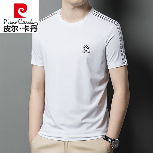 Pierre Cardin Heavy Mulberry Seiden T-Shirt kurzärmelig runde Hals Sommer halbärmelig und vielseitig, lässiges Seidenmarkierungs-Top T-Shirt Basis Hemd White-13596ksp M 165 Empfohlen 90-120jin [Jin gleich 0,5 kg]