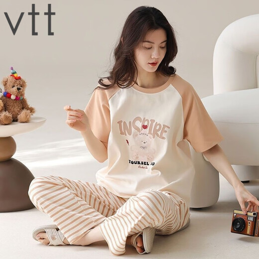
VTT pajamas for women in summer pure cotton short-sleeved trousers thin cotton summer round neck home clothing set can be worn outside V short-sleeved trousers: YZT9720 M
