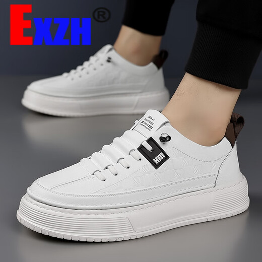 
EXZH brand men's shoes 2025 spring new white shoes men's trendy and versatile leather breathable height-enhancing men's shoes ZH6227 white 38