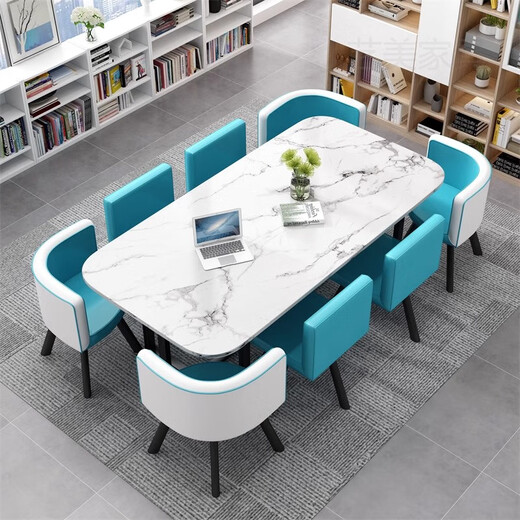 Xiangmaoheng small conference table 8 people simple modern business training rectangular long table reception and negotiation table and chair combination 90*150 imitation white table gray cloth