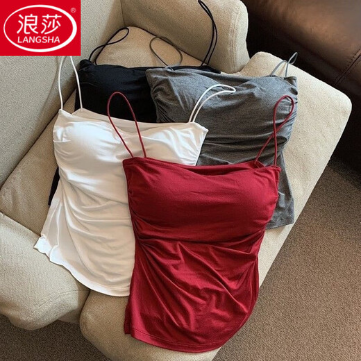 LangSha 2024 new hot girl pure desire pleated camisole women's summer spaghetti straps with sweet and spicy style sleeveless red one size