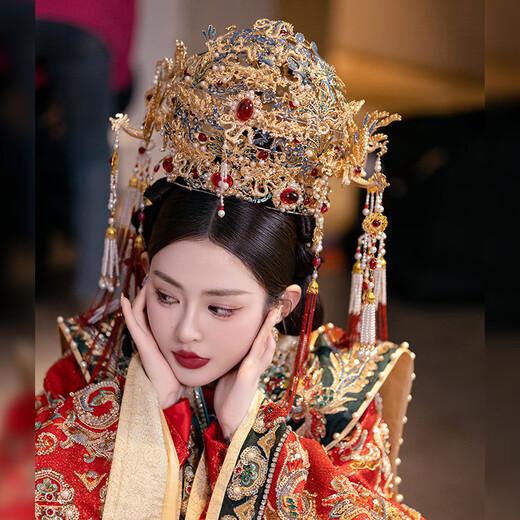Chi Xing Bridal Headdress Cloisonné Long Tassel Ming-style Hanfu Classical Hanfu Wedding Chinese Ancient Style Phoenix Crown Hair Accessory Headwear Set 83212