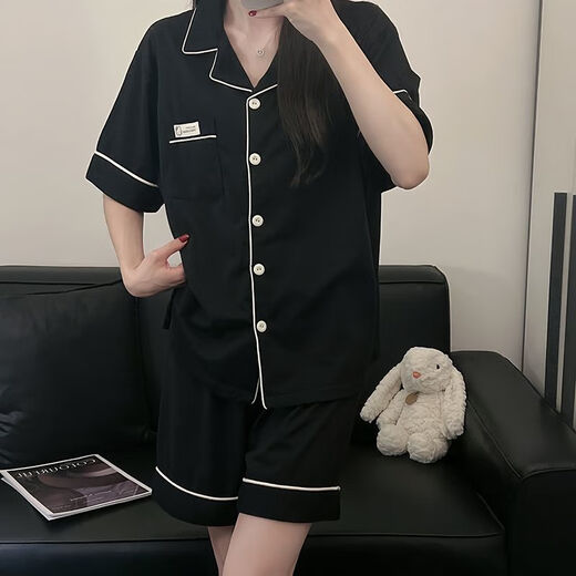 雅鹿韩版简约纯色纯棉睡衣女短袖短裤夏季两件套宿舍家居服套装 9903#黑色 M 80-100斤