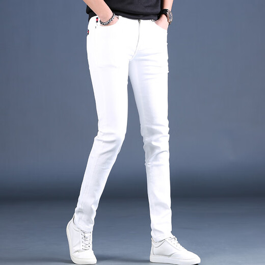 Kejiehao's new spring 2025 high-end white men's jeans slim feet elastic casual pants men's trend MK1381 white 28