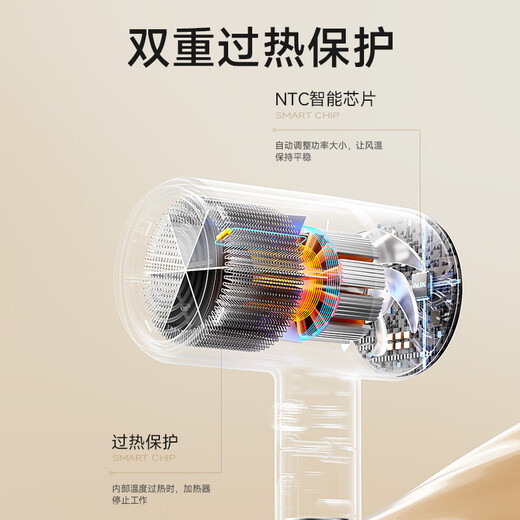 AUX hair dryer household 1800W high power high wind hair dryer constant temperature hair dryer soft sound noise reduction hair dryer practical gift for family and girlfriend, champagne color blue light hair care + quick drying + soft sound and low noise