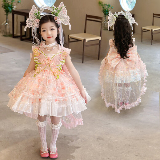 Ant-Patio Girl Princess Lolita Robe 2025 Nouveau d'été Children's Flower Fairy Dress Girl's Birthday Robe Pink (6630 Flower Fairy Robe + Jirt Support) 120 Recommandé 5-6 ans (hauteur environ 115)