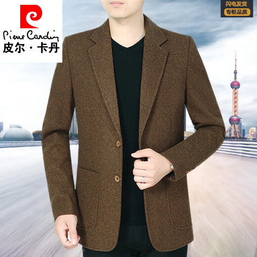 皮尔卡丹春秋单件爸爸装男士西装中年人羊毛休闲便西服大码中老年外套上衣 灰咖啡 L 175(140斤-155斤穿)