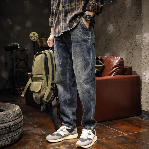 Guxiansen American Jeans Retro Jeans Loose Spring y Autumn Harem Pants elásticos de lavado para hombres Biros largos Azules 32 [135-145Jin [Jin iguala 0.5 kg]]]