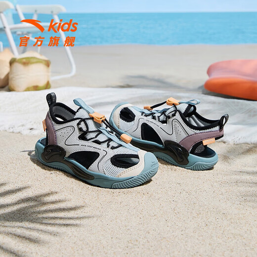 Anta children's sandals for men and women, beach shoes for summer, toe-toe, breathable, comfortable, soft-soled outdoor shoes, Mai Qiao gray/mud lime/dust purple-1 28