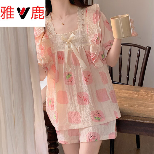 雅鹿睡衣女2025夏季新款春秋碎花开衫甜美少女短袖夏天外穿家居服套装 M1283蓝 【主图款】 M 【80-100斤穿】