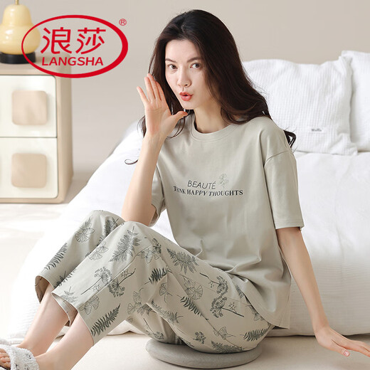 
LangSha’s new summer pure cotton pajamas for women’s short-sleeved trousers Korean casual loose fashionable outdoor wear suit Y-9721 pure cotton [short-sleeved trousers] M Recommended 75Jin [Jin equals 0.5 kg]-95Jin [Jin equals 0.5 kg]