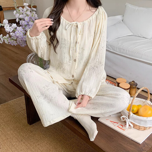 梦特娇（MONTAGUT）云朵棉睡衣女春秋季长袖吊带三件套可爱树叶纯欲风家居服2025新款 tfn#f9928 均码 m建议75-95斤