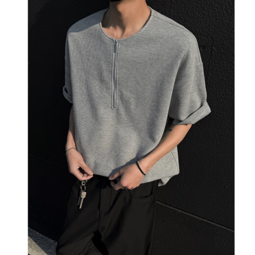 Kurz amerikanische Halbzipper Kurzärärmelte T-Shirt Herren 25 Sommer New High Street Trend Marke Waffle T-Shirt Lose halbärmeligste Top White XL (125-145jin [Jin ist gleich 0,5 kg])