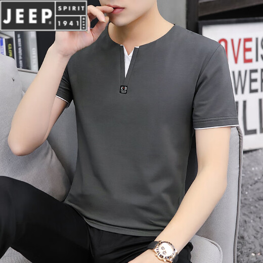JEEP SPIRIT夏季新款男士短袖纯色修身鸡心领t恤棉质V领半袖凉感男生t恤潮牌 QY-694 V 领-黑色 XL 120-135斤