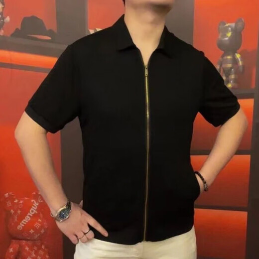 蕉京天骏百货男翻领开衫拉链款短袖商务休闲休闲百搭高品质半袖OP3889 M  48(100-125斤)