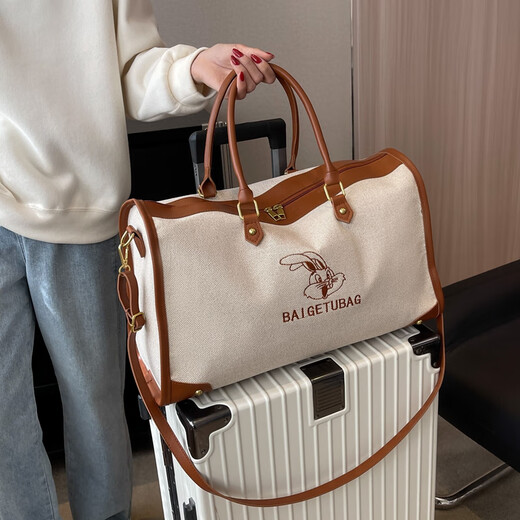 妙普乐旅行包女帆布包收纳行李包手提包旅游出差轻便大容量短途行李包包 棕色大号(可放三到四天衣服)
