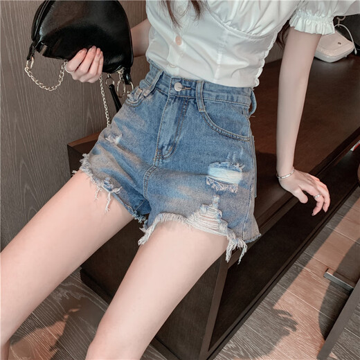破洞牛仔短裤女夏装新款韩国chic大码胖MM高腰阔腿显瘦a字热裤子 浅蓝色_9767 2XL 【135-150斤】