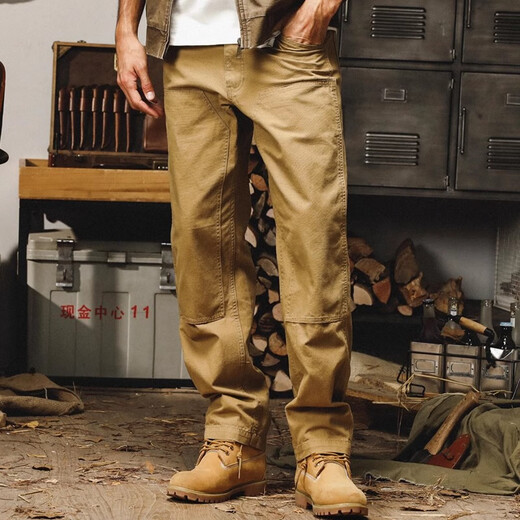 Jay Leno American Heavyweight Retro Logging Pants Men's Spring and Autumn Style Loose Straight Cleanfit Distressed Casual Workwear Pants Men's Khaki 100% Cotton L Suitable for 130-150Jin Jin equals 0.5 kg