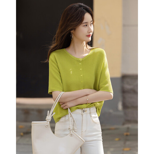 
Demana [Low Calorie Daily] Spring and Autumn Simple Wind Ice Wire Round Neck Middle Sleeve Cardigan Comfortable Meat Cover Sweater Women's Top