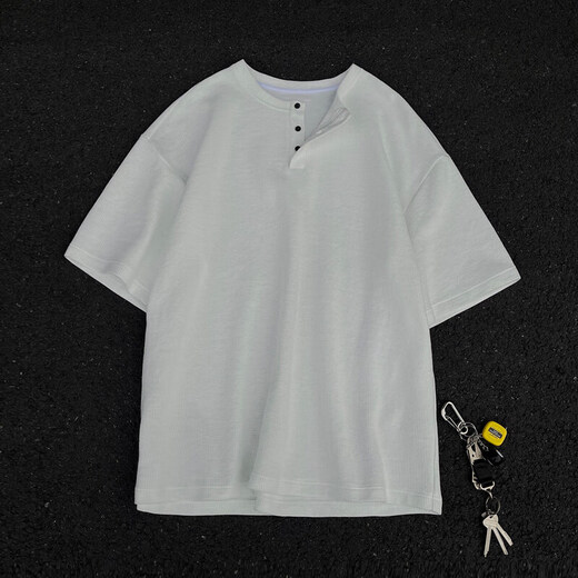 至唯华夫格亨利领短袖t恤男生春夏季潮流牌宽松百搭半袖T体恤衫衣服男 黑色 L 【推荐110-130斤】