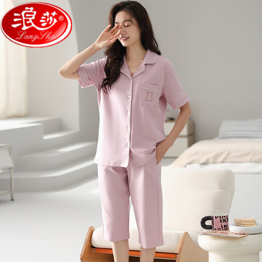 浪莎中老年人妈妈睡衣女夏季纯棉短袖七分裤休闲开衫家居服两件套装薄 N9892 M 80-100斤