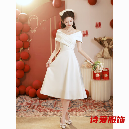 
Dongjing one-shoulder white evening dress can be worn usually with engagement dress wedding dress bride registration white dress white long 3663 L