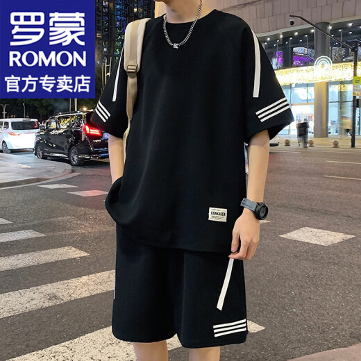 
ROMON short-sleeved T-shirt for men 2024 summer new trendy casual sports suit loose half-sleeved men's T-top men's clothing FKS653 white suit 3XL about 170-190Jin [Jin equals 0.5 kg] can be worn