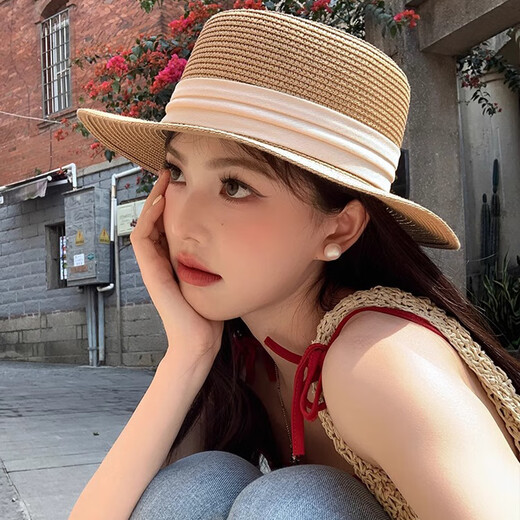 逸兼草帽女遮阳帽夏天度假风帽子海边太阳帽法式平顶大帽檐礼帽法式 草帽【凹顶卡其-米三折带】