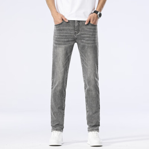 
New Balance High-end Jeans Men's Summer Thin Slim Elastic Straight Pants Middle-aged Men's Simple and Versatile Washed Pants 1049 Gray 33