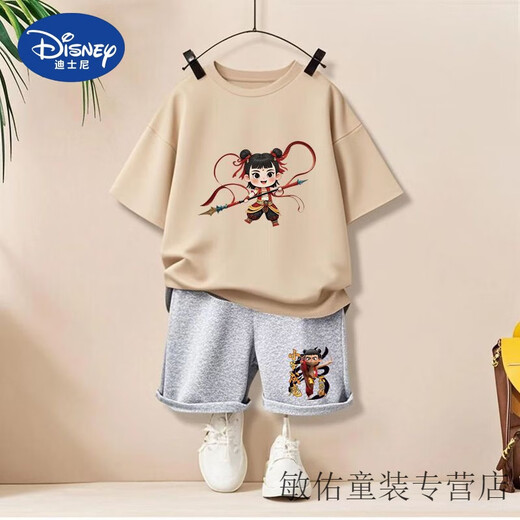 Disney Summer Children's Kurzärärmelte T-Shirt Neuer Stil für den Nationalen Trend der Kinder der Kinder Nudha Devil Child's Noodle Boys zweiteiler Set 1098# Rucksack T-Gray + 2005# Gray Shorts 90