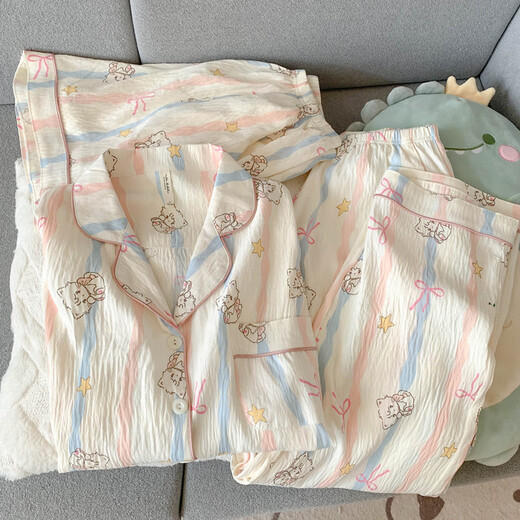京濮飞库洛米可爱睡衣女春夏云朵棉短袖家居服三件套 云朵棉-9902#星星KT猫三件套 M 【建议75-100斤】