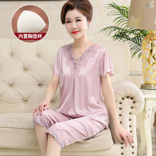 浪莎（langsha）带胸垫中年妈妈睡衣女夏季真丝薄款短袖冰中老年人家居服套装 AYM688金色 L 不带胸垫