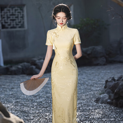 Jialong Mingxiu goose yellow temperament cheongsam women's new jacquard dress 2025 summer goose yellow M