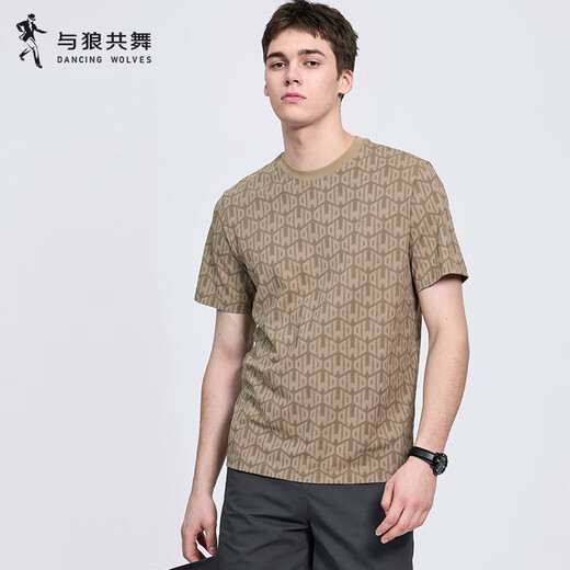 与狼共舞【满身印花】含桑蚕丝短袖T恤2025夏季新款圆领抗菌凉感上衣6035 卡其701 M (170)