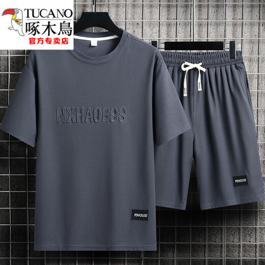 啄木鸟（TUCANO）男士夏季套装青少年短袖t恤薄款冰丝两件套休闲运动服五分短裤子 套装-TZ829军绿【上衣+裤子】 M 建议90-110斤