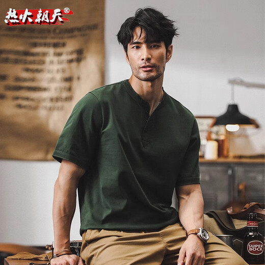 热火朝天美式320g重磅t恤男士短袖polo衫男2025新款宽松硬汉亨利衫体恤男 军绿 XL 适合145-160斤