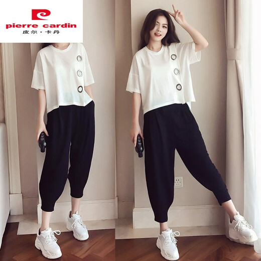 皮尔卡丹（PIERRE CARDIN）胖mm哈伦裤套装女矮个子2025春夏新款洋气显瘦遮肚运动休闲两件套 黑色《9928》 L 《建议101-116》