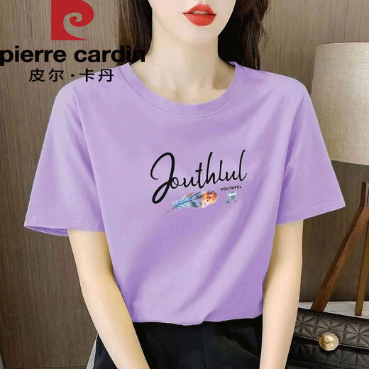 Pier Cardin light pink pure cotton short-sleeved T-shirt for women, loose temperament, age-reducing printing, half-sleeved summer suit 2025 new top 6172 leather powder short-sleeved M (recommended 80-105Jin [Jin equals 0.5 kg])